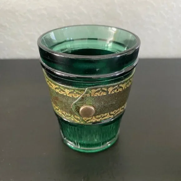 RARE! Vintage 60s MCM Emerald Green Leather Banded Tumbler Glasses Set of 6 - Picture 4 of 14